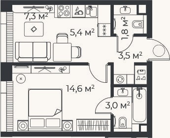 Планировка: 2-к, 35,7 м²