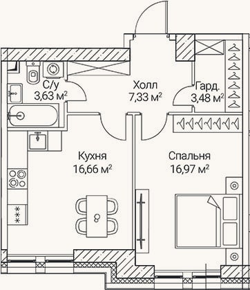 Планировка: 1-к, 48,1 м²