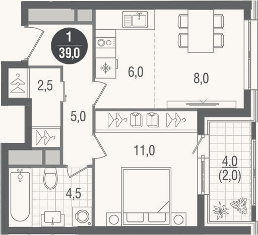 Планировка: 2-к, 37 м²