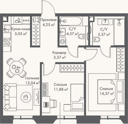 Планировка: 3-к, 62,1 м²