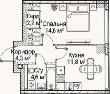 Планировка: 1-к, 37,5 м²
