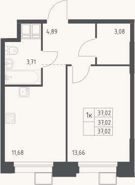 Планировка: 1-к, 37 м²