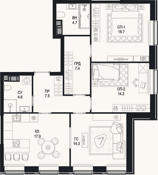 Планировка: 3-к, 86,4 м²