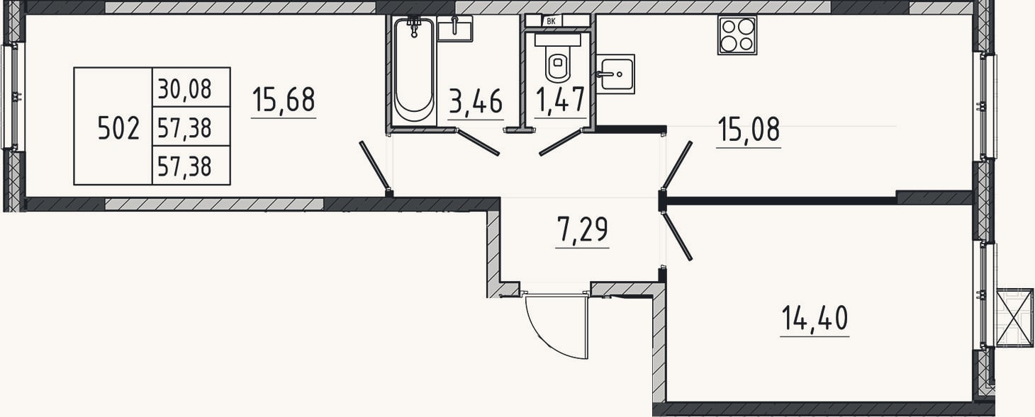 Планировка: 2-к, 57,4 м²