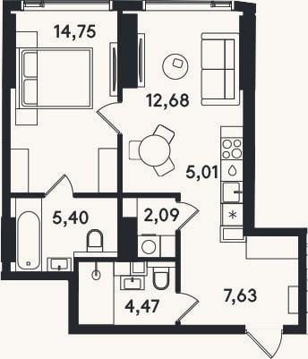 Планировка: 2-к, 52 м²
