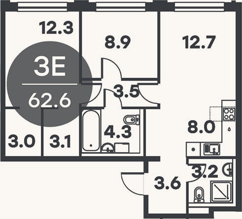 Планировка: 3-к, 62,6 м²