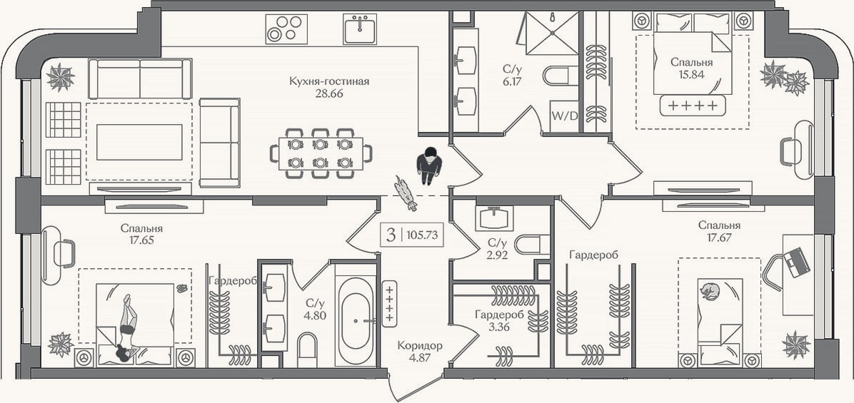 Планировка: 4+ к, 105,7 м²