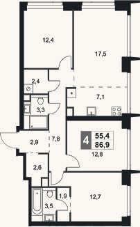 Планировка: 4+ к, 86,9 м²