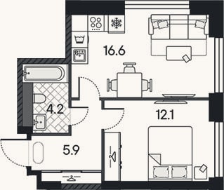 Планировка: 2-к, 38,8 м²