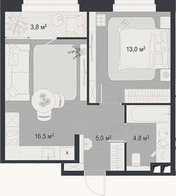 Планировка: 2-к, 39,3 м²