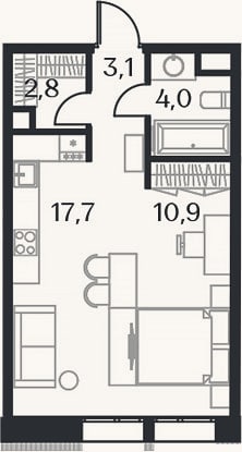 Планировка: Студия, 38,5 м²