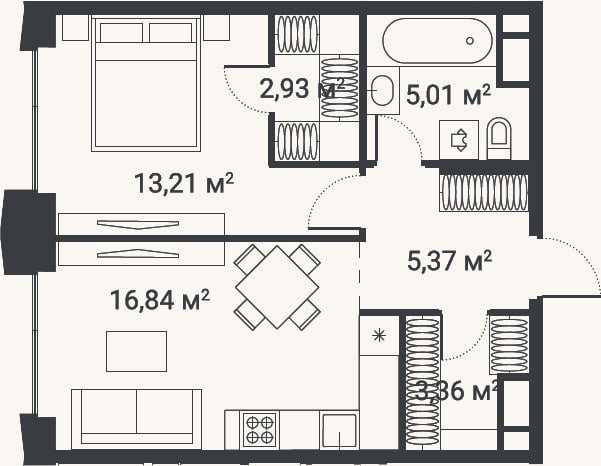 Планировка: 1-к, 46,6 м²