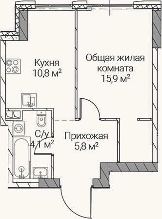 Планировка: 1-к, 36,6 м²