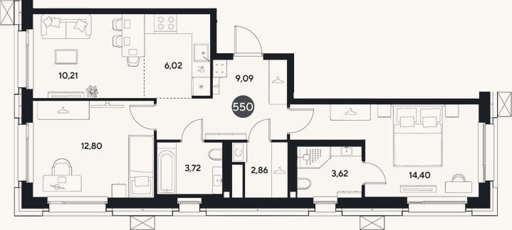 Планировка: 3-к, 62,7 м²