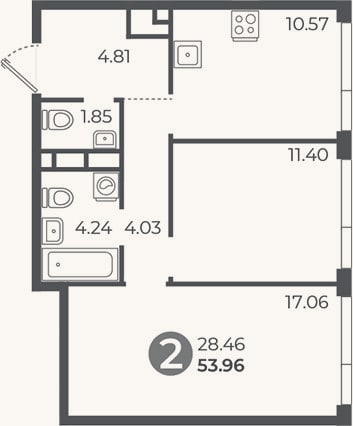 Планировка: 2-к, 54 м²