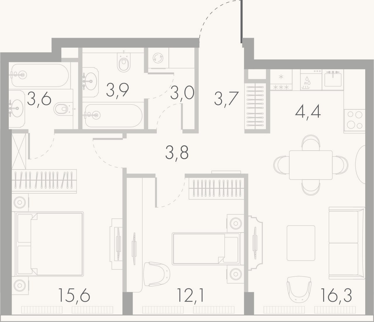 Планировка: 3-к, 66,4 м²