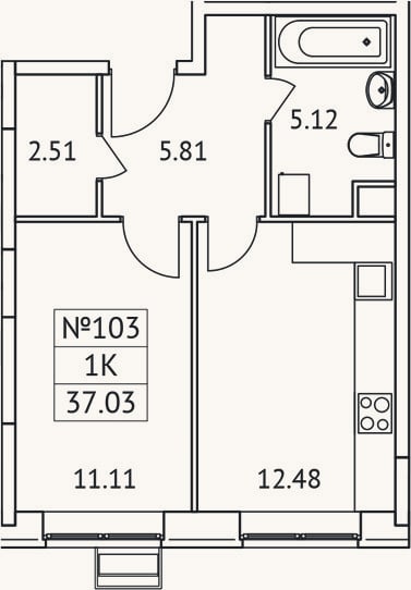 Планировка: 1-к, 37 м²
