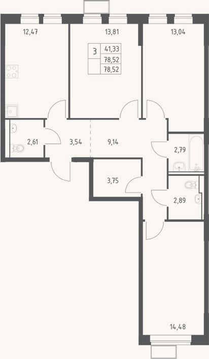 Планировка: 3-к, 78,5 м²