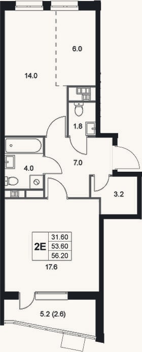 Планировка: 2-к, 53,6 м²