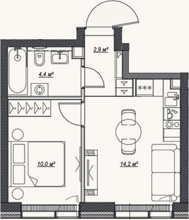 Планировка: 2-к, 31,5 м²