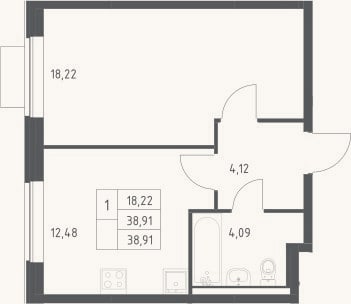 Планировка: 1-к, 38,9 м²