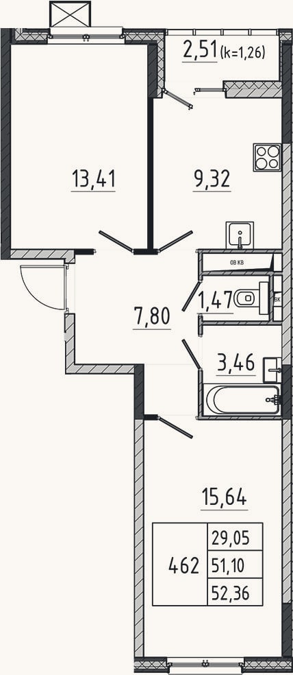 Планировка: 2-к, 51,1 м²