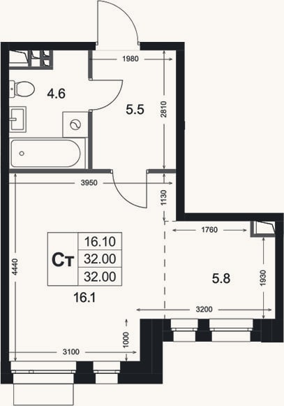 Планировка: Студия, 32 м²