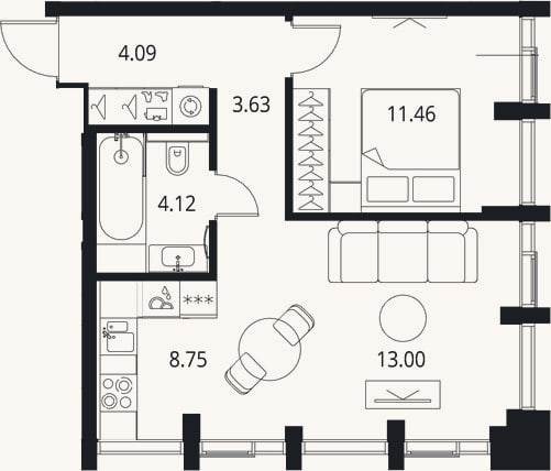 Планировка: 2-к, 45,1 м²