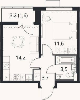 Планировка: 1-к, 33 м²
