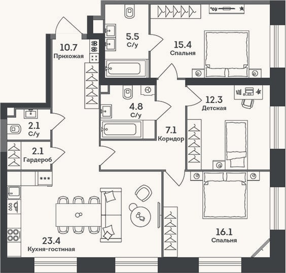 Планировка: 4+ к, 99,5 м²