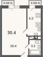 Планировка: 1-к, 29,8 м²