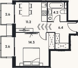 Планировка: 1-к, 36,1 м²