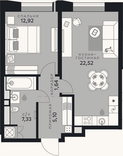 Планировка: 2-к, 49,5 м²