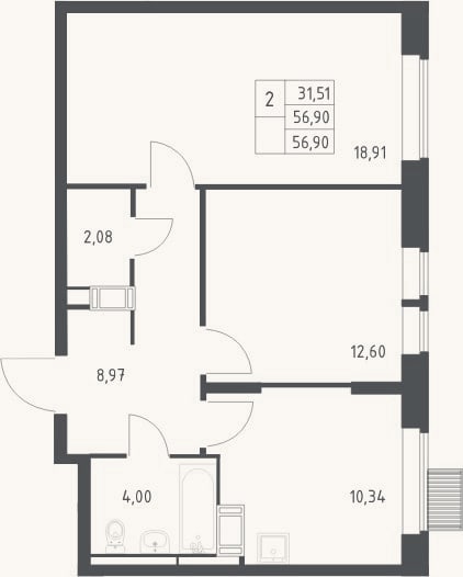 Планировка: 2-к, 56,9 м²