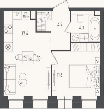 Планировка: 2-к, 37,8 м²
