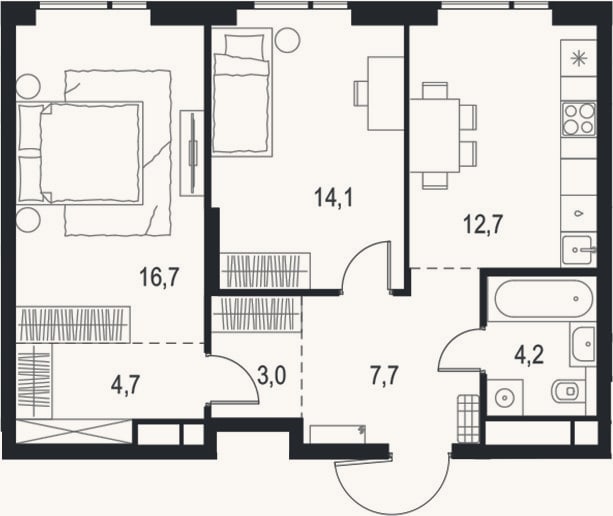 Планировка: 2-к, 63,1 м²