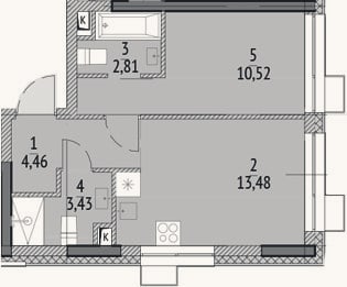 Планировка: 1-к, 34,7 м²