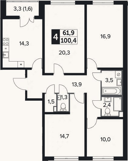 Планировка: 4+ к, 98,8 м²