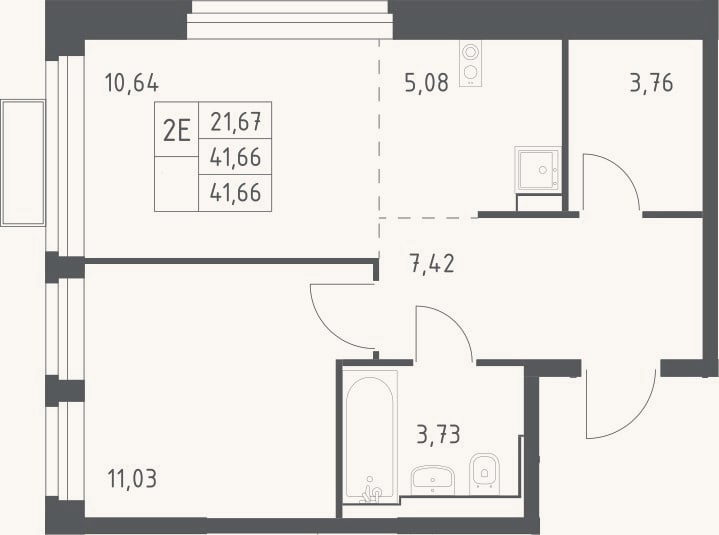 Планировка: 2-к, 41,7 м²
