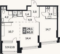 Планировка: 2-к, 58 м²