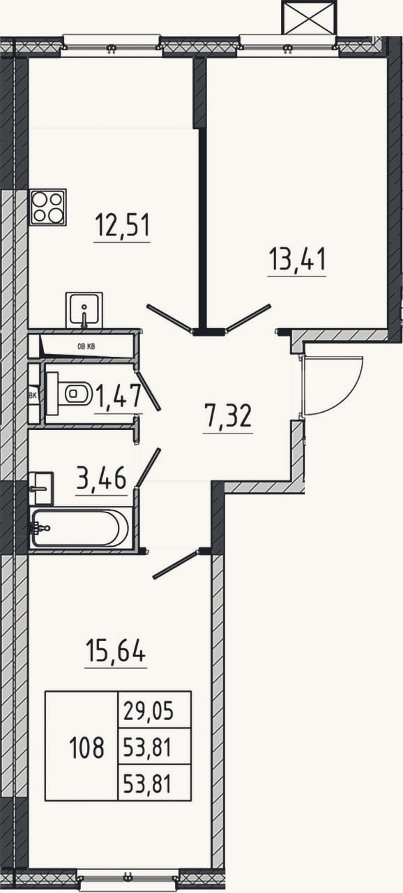 Планировка: 2-к, 53,8 м²