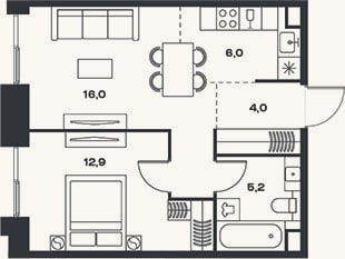 Планировка: 2-к, 44,1 м²