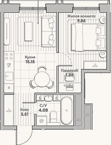 Планировка: 1-к, 34,5 м²