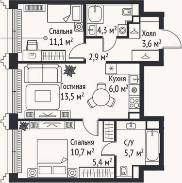 Планировка: 3-к, 63,2 м²