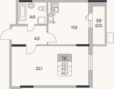 Планировка: 1-к, 43,1 м²