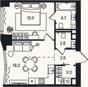 Планировка: 2-к, 47,1 м²