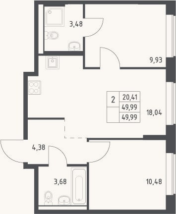 Планировка: 3-к, 50 м²