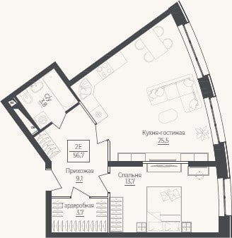 Планировка: 2-к, 56,7 м²