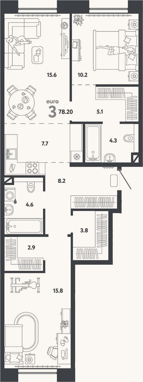 Планировка: 3-к, 78,2 м²