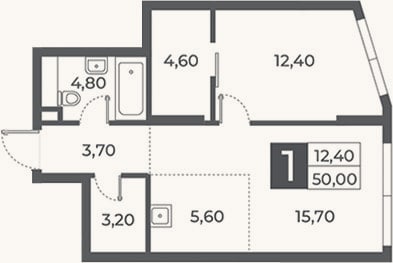 Планировка: 1-к, 50 м²